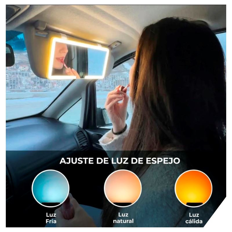 Espejo LED para Auto Táctil Portátil Recargable 3 tonos luz